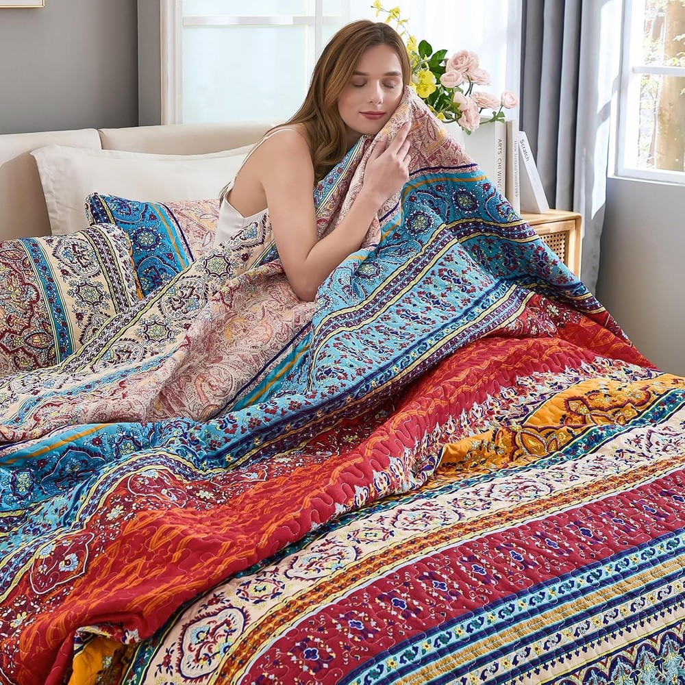 Bohemian Quilt Set Oversize Cal King Boho Striped Printed Bedding Bedspread