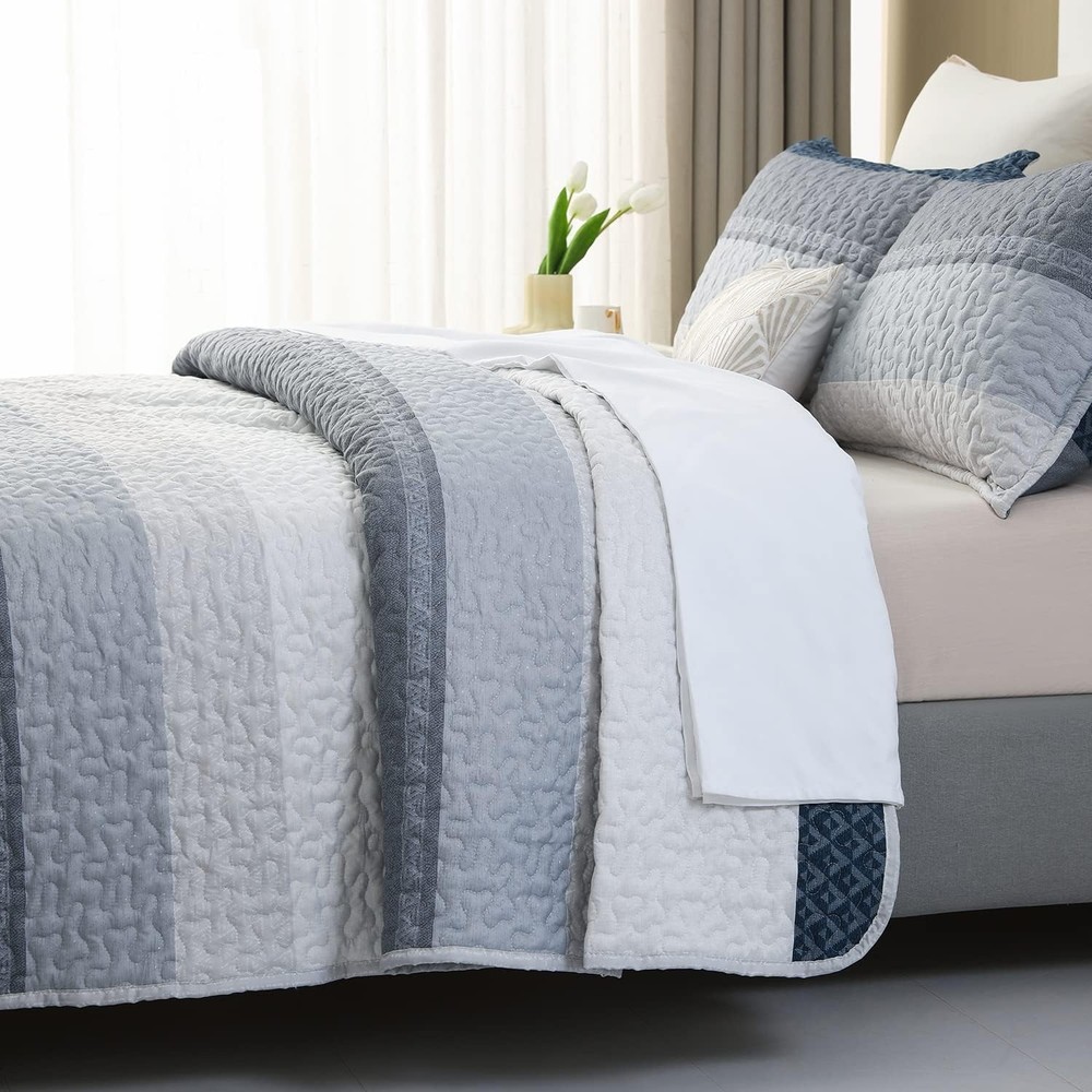 Striped Quilt Set King Size 3Pcs Blue & Navy Striped Patchwork Pattern All