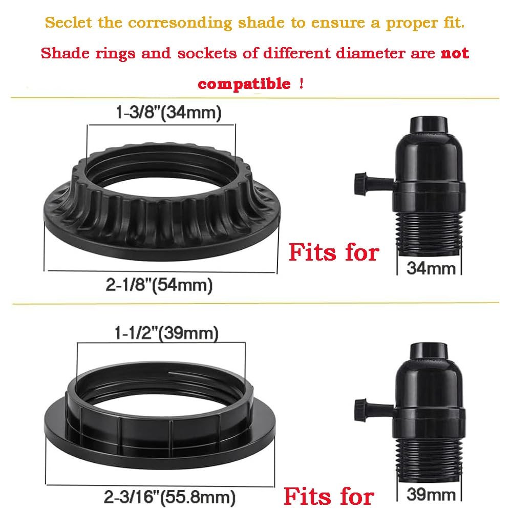4PCS E26 Light Socket Shade Rings Collar Rings, 2 Assorted Size Lamp Shade Ri...