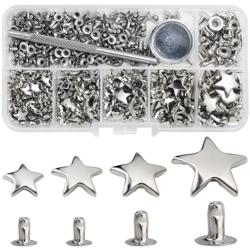 200 Sets Leather Rivets Kit Mixed Sizes Star Studs Silver Crafting Tool