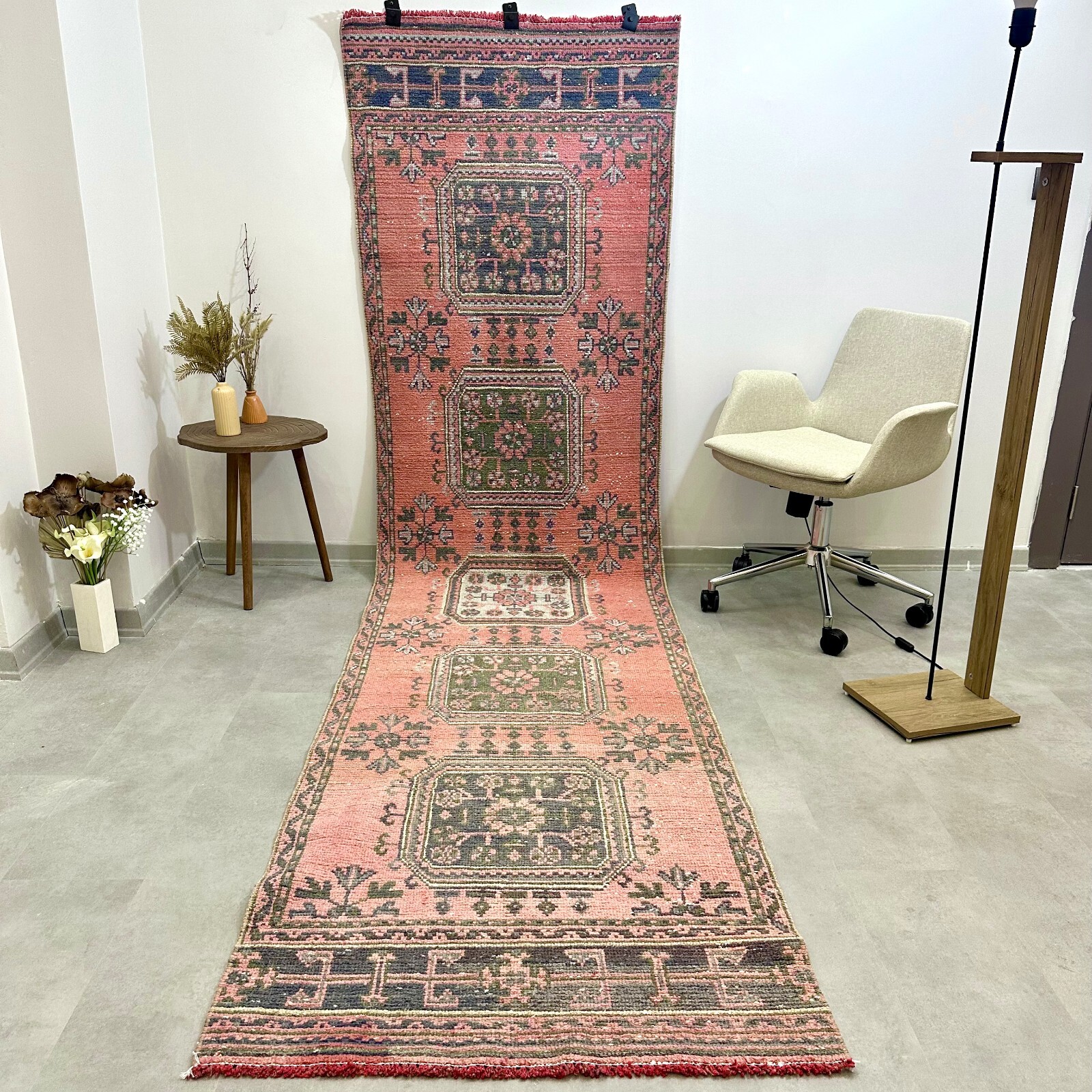 3x11 Pink Floral Vintage Runner, Turkish Runner, Handmade Wool Rug, Oushak Rug