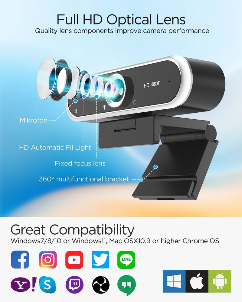 1080P Webcam w Microphone USB Camera Auto Light Correction