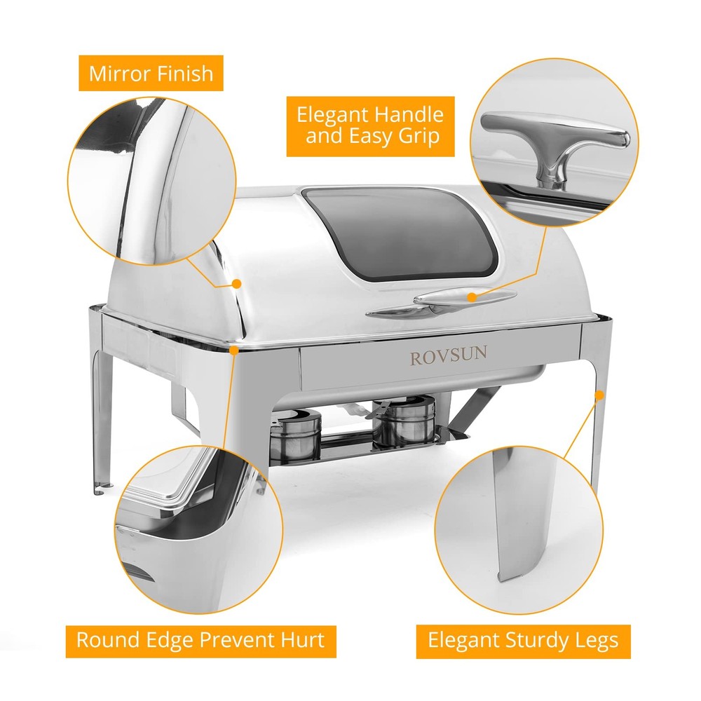 Roll Top Chafing Dish Buffet Set,NSF 9 Quart Rectangular Stainless Steel Chaf...