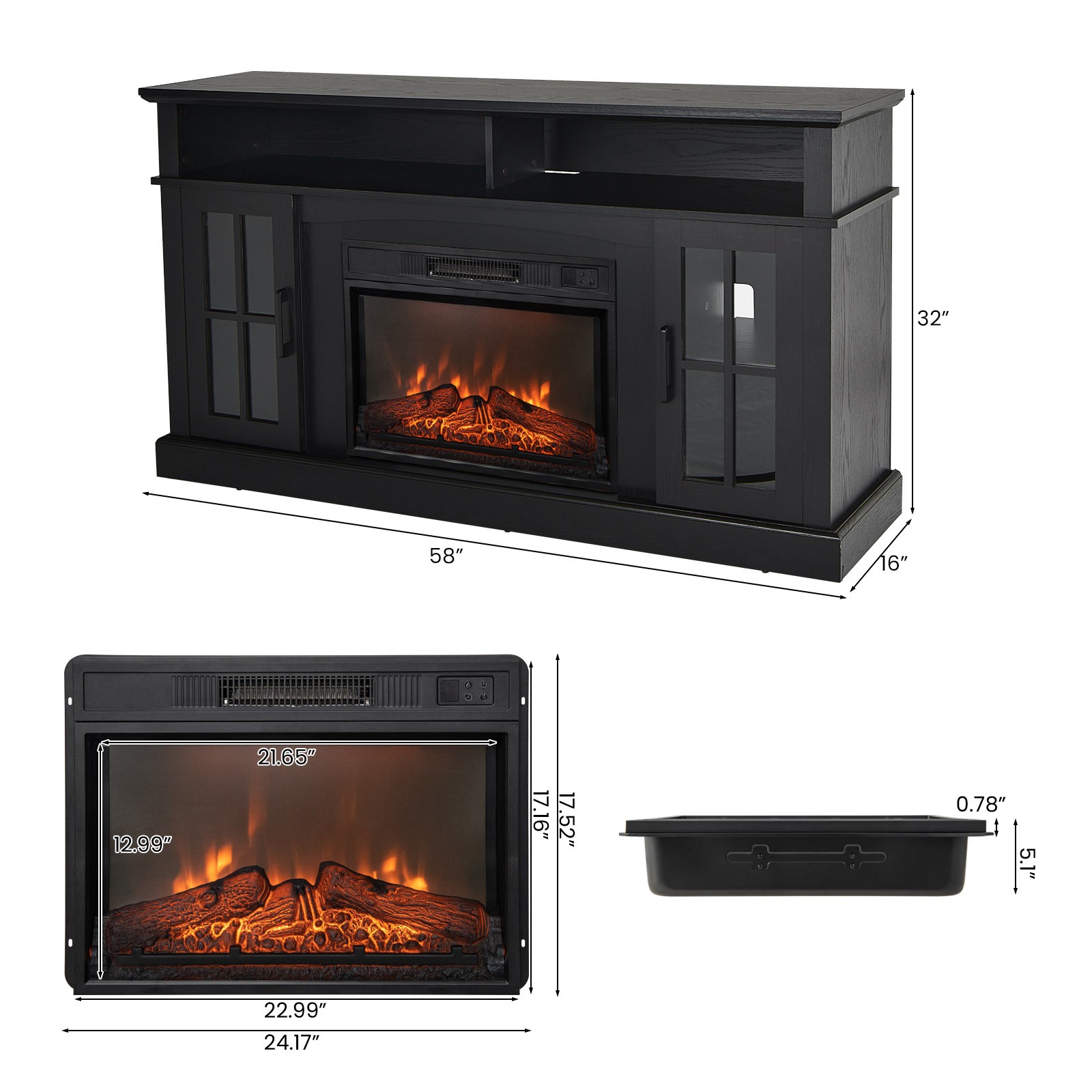 58" Fireplace TV Stand W/ 1400W Electric Fireplace for TVs up to 65 Inches