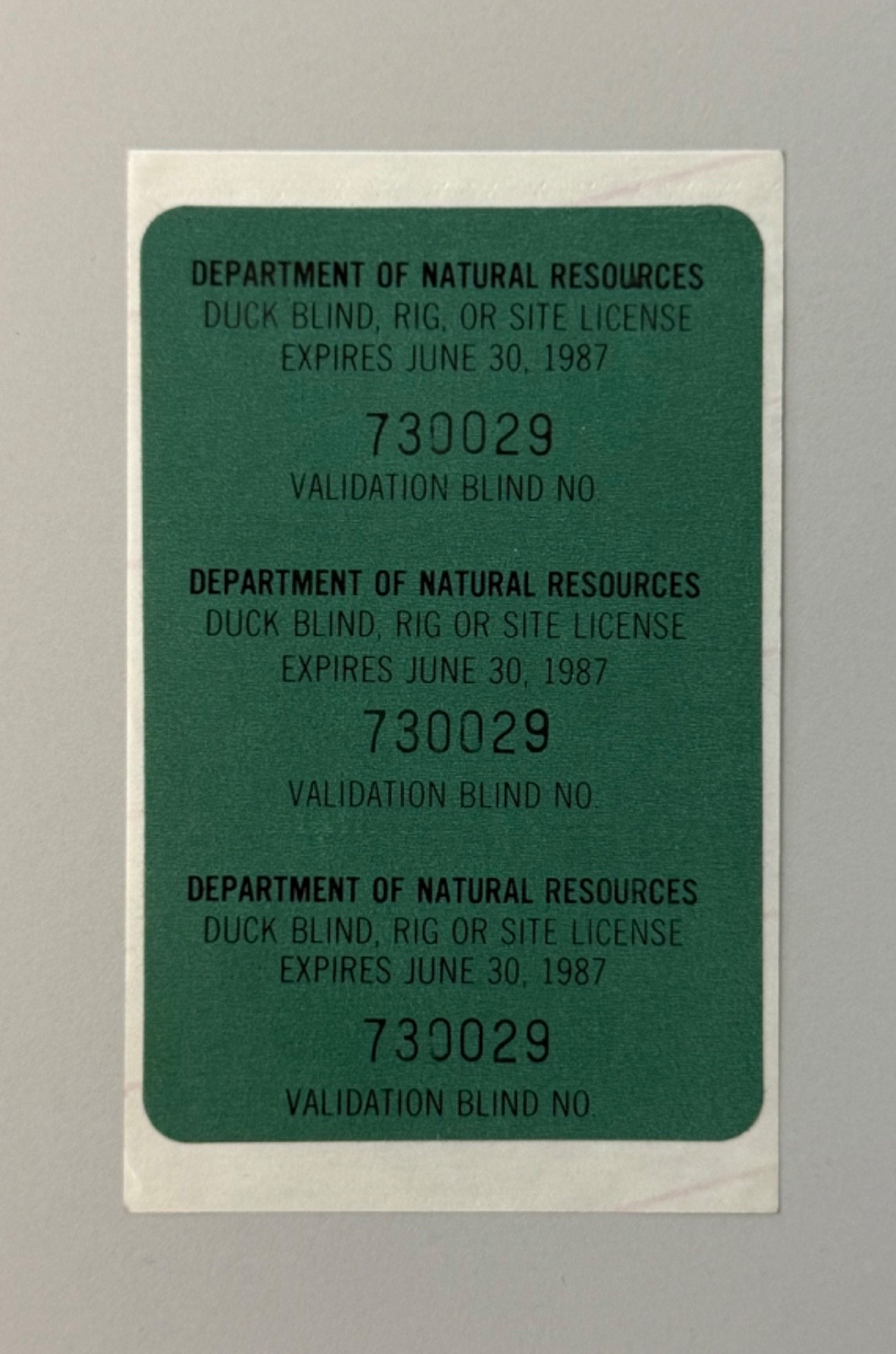 1986 Department of Natural Resources Duck Blind, Rig or Site License Stamp