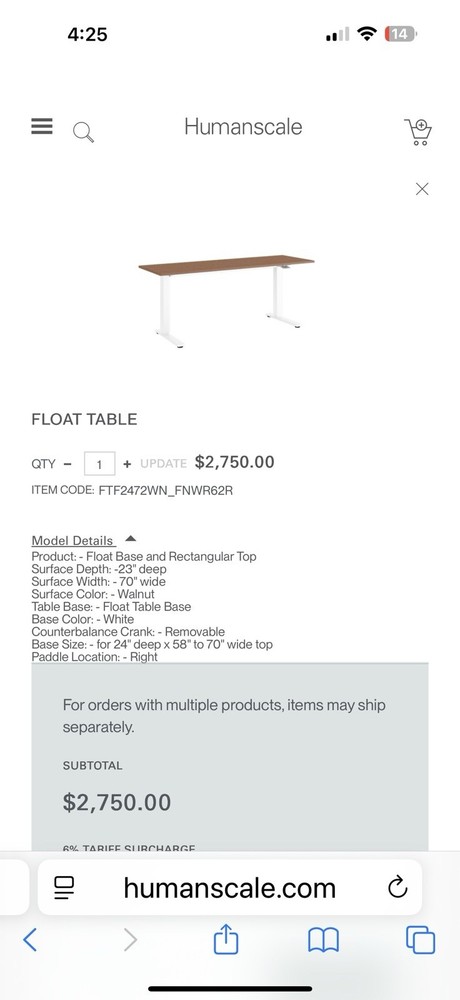 Humanscale Float Table Only 70 x 23 Walnut Excellent Condition