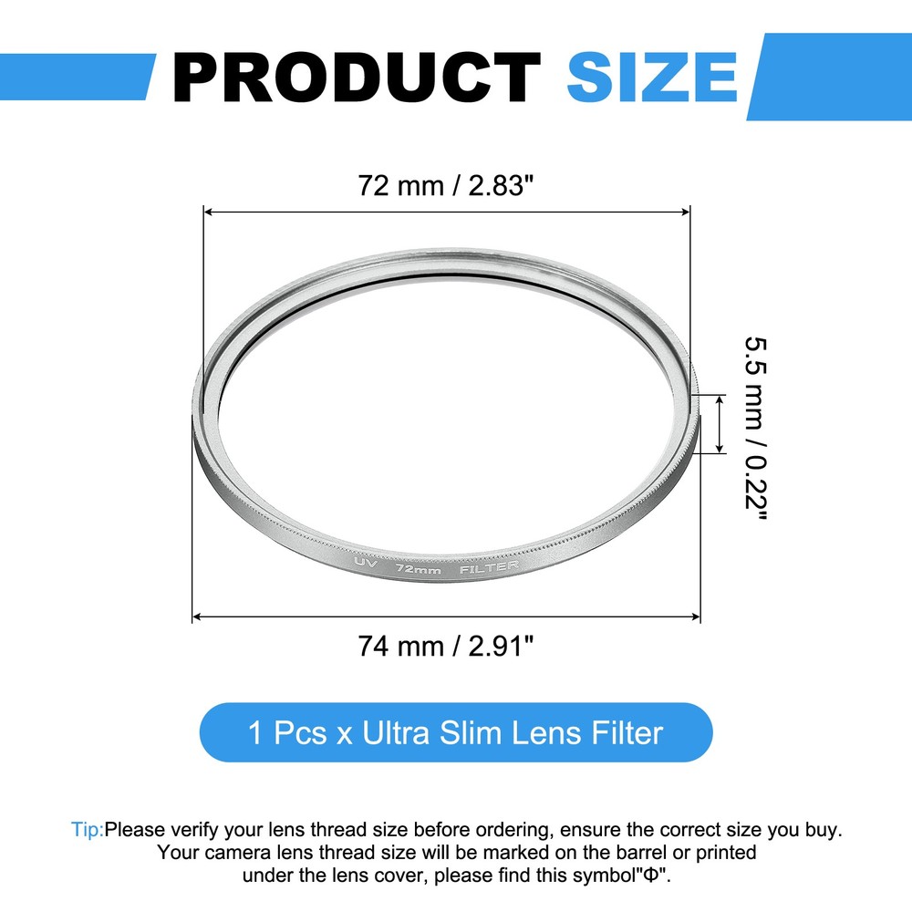 72mm Ultra Slim Lens Filter Multi Coating Camera Len Filter, Silver