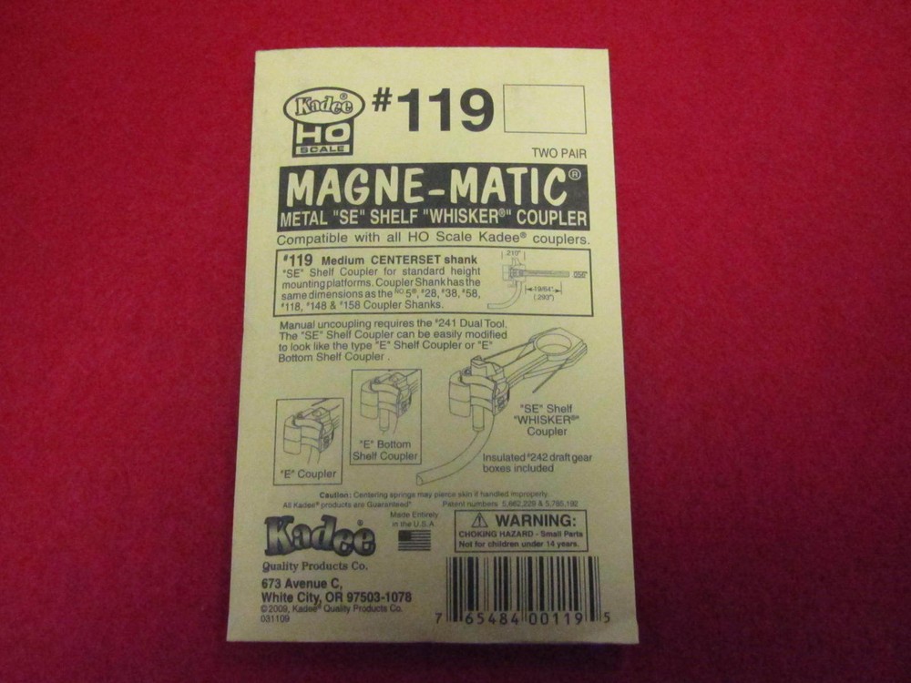 Kadee HO Scale Metal "Scale Whisker" Couplers - #119 Type E Double Shelf (2 pr)