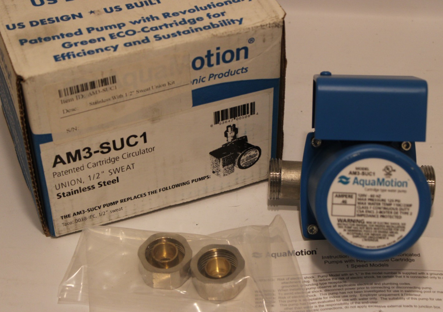 Aquamotion AM3-SUC1 - Stain. Steel, Single Speed Water Circulator w/1/2" Union