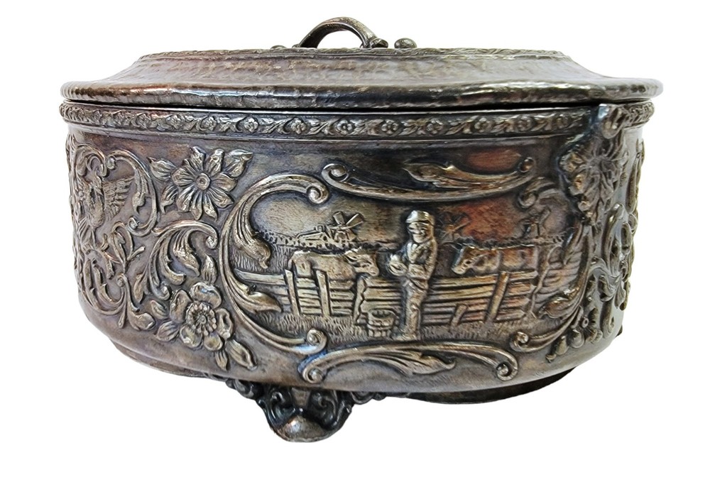 Antique Lidded Candy Dish Dutch Repousse Derby Silver Plated 20's Glass Insert