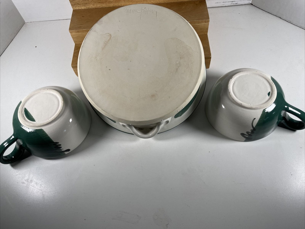 VTG Hand Thrown Studio Signed Pottery Iris 10" Serving Dish & 2 Cup shaped Bowls