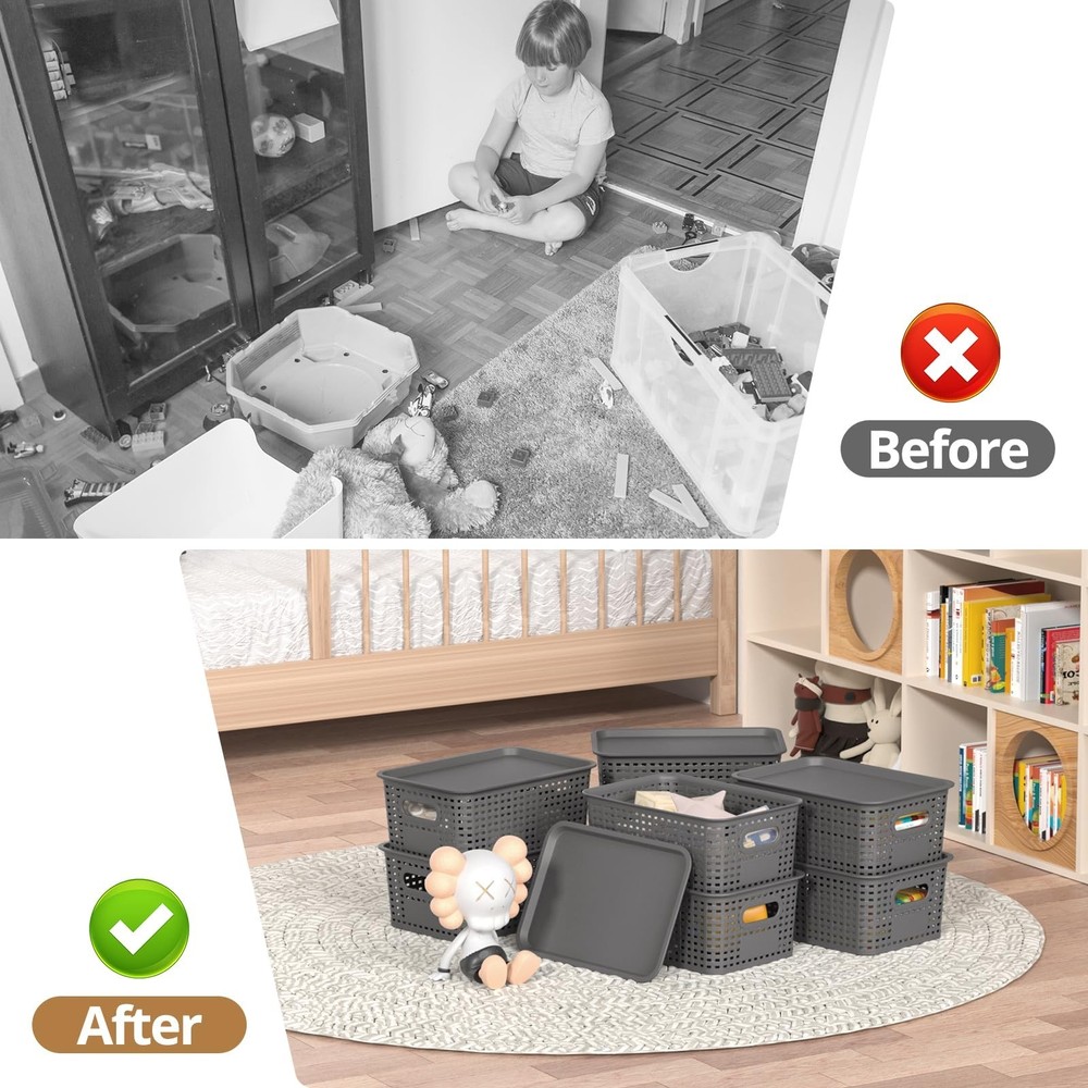 Plastic Storage Basket with Lids, Stackable Small Box Bins for Organizing and...