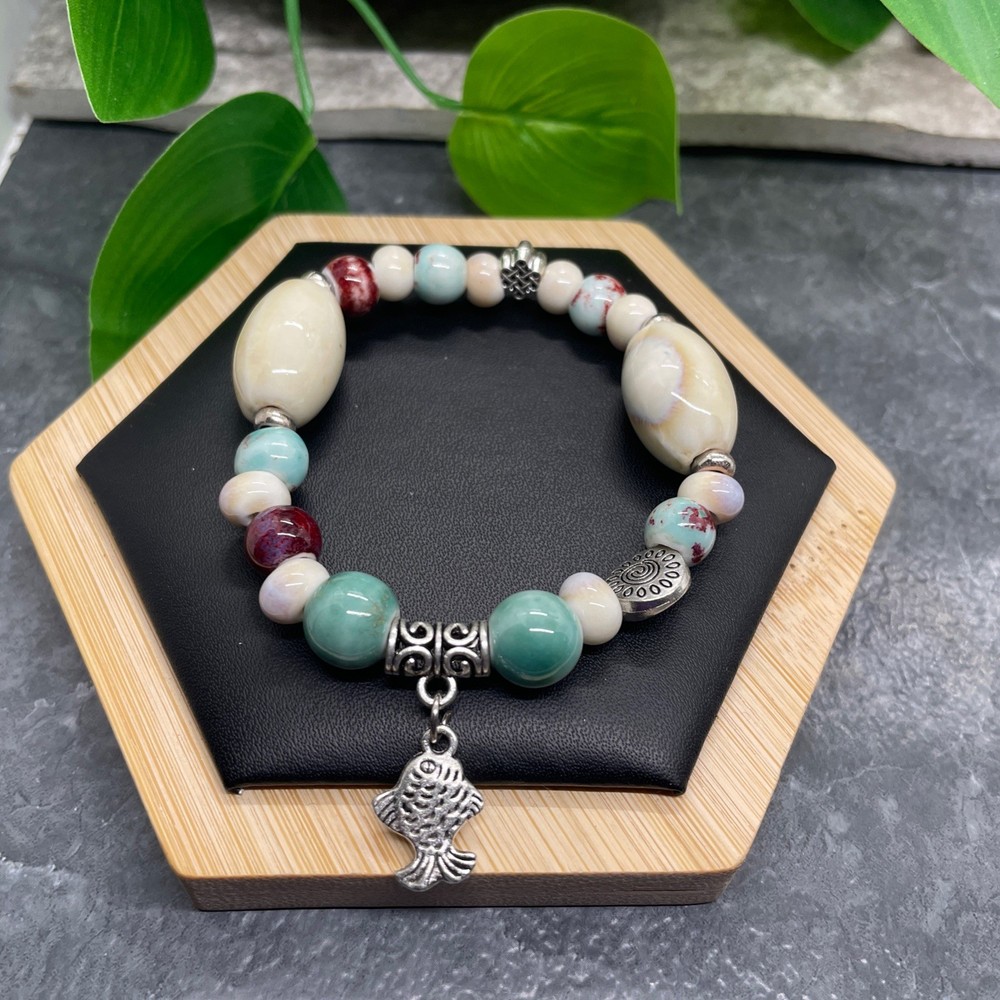 Handmade Ceramic Bead Beaded Stackable 6.25” Plus Stretch Bracelet New B432