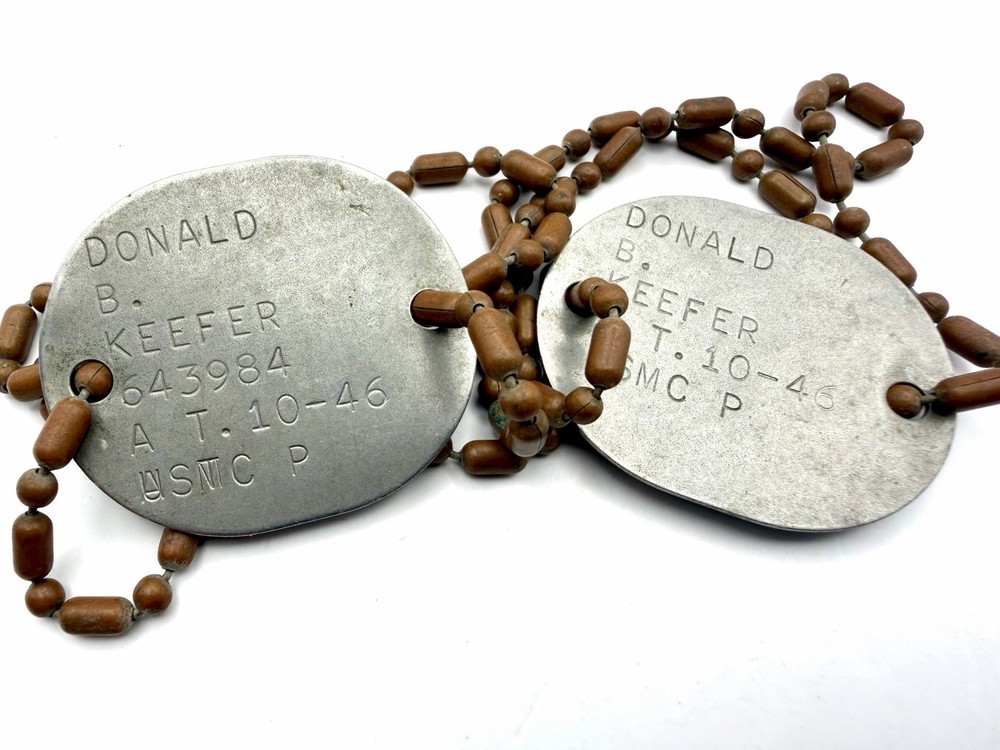 WW2 USMC Marine Corps Dog Tag Set On Chain Sgt DB Keefer