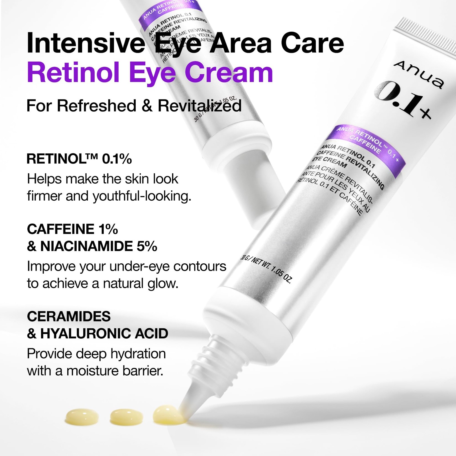 ANUA Retinol 0.1% Caffeine Eye Cream, Hydrating, Dark Circles, Fine Lines 30g