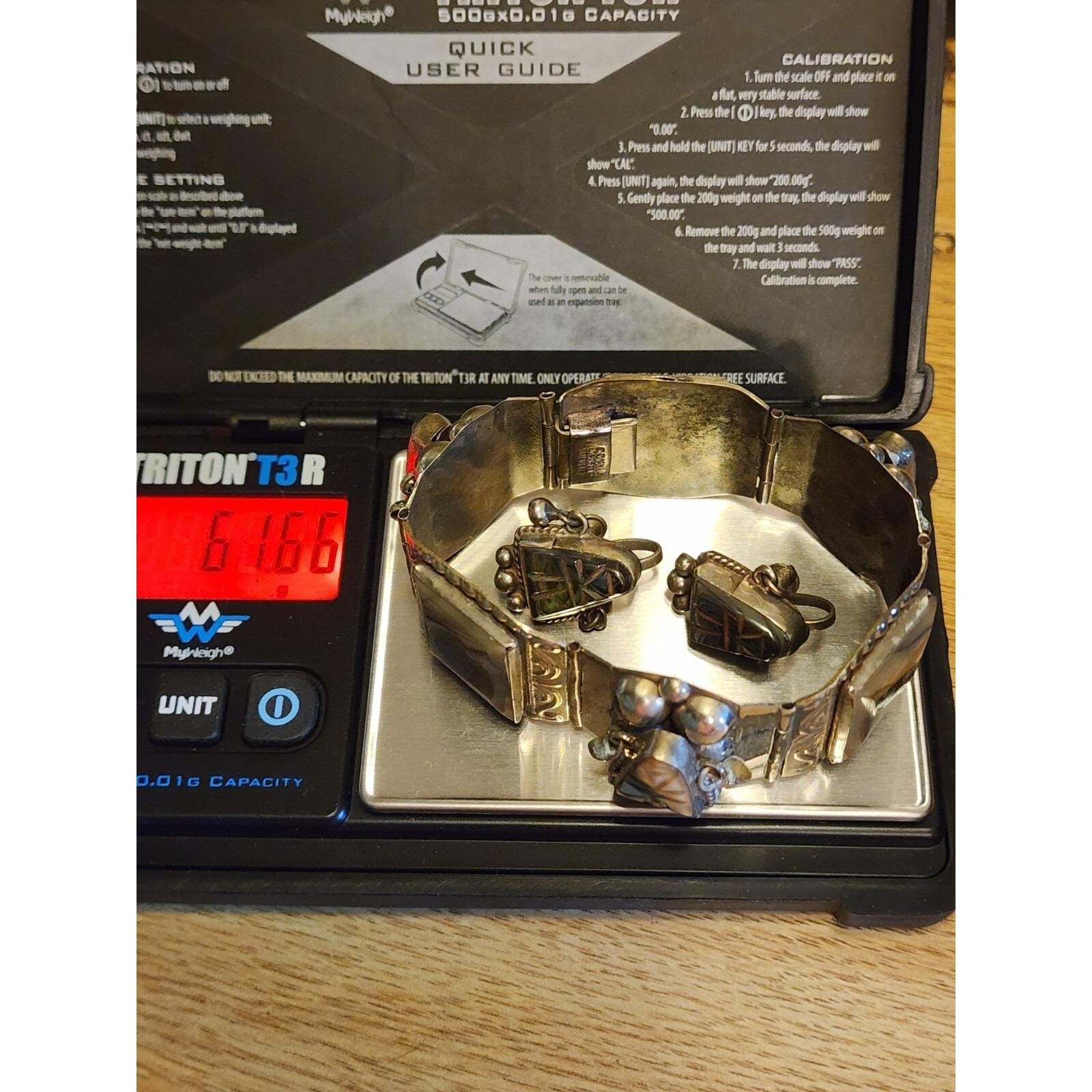 70 Yr Old TAXCO MEXICO Sterling Silver Abolone Bracelet & Earrings Set 61.66 Gr.