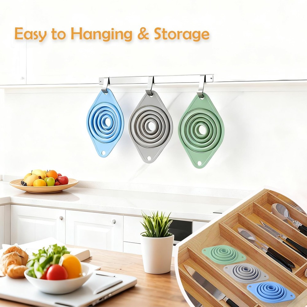 Kitchen Funnel Set 3 Pack, Collapsible Silicone Funnel for Kitchen Use, Small Fu