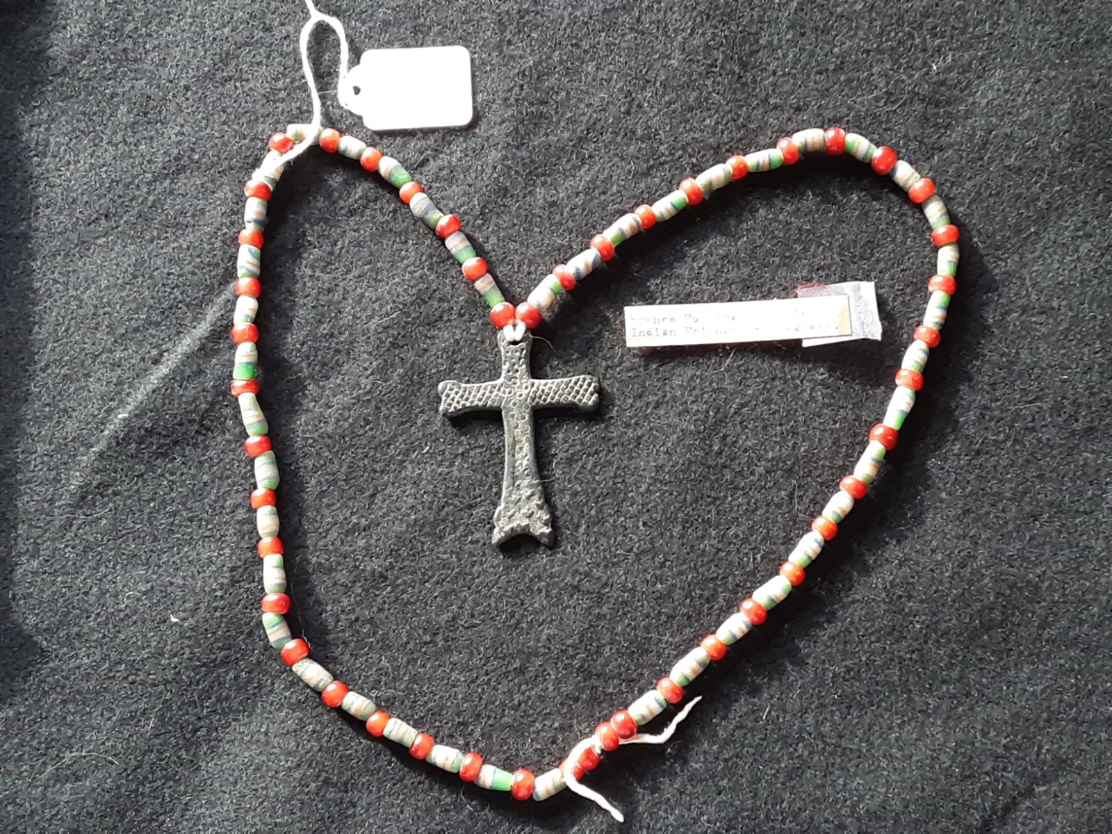 FRENCH BEAVER TAIL JESUIT CROSS, LEATHER STRUNG TRADE NECKLACE,  WHA-0226*B266B