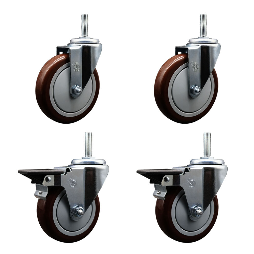 5 Inch Maroon Poly Wheel Swivel 5/8 Inch Threaded Stem Caster Set 2 Brakes