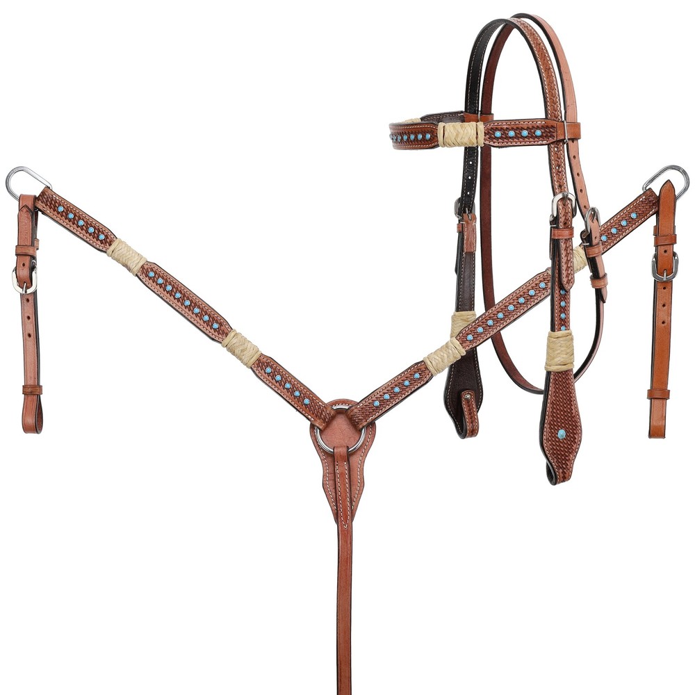 Showman Rawhide Braided Basket Tool Headstall/Breast Collar Set-Turquoise Studs