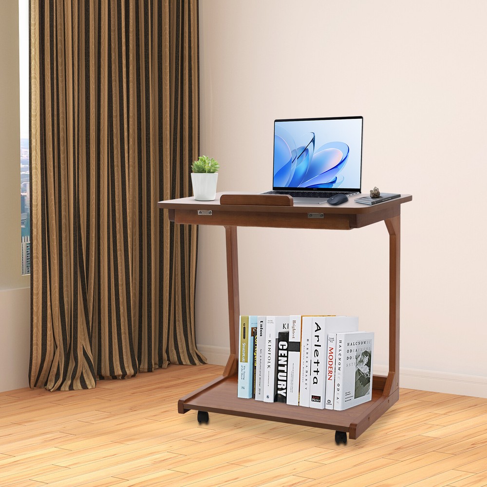 2-tier Walnut-Colored Adjustable Angle C-Shaped End Table With 4-Wheels 55.12lbs