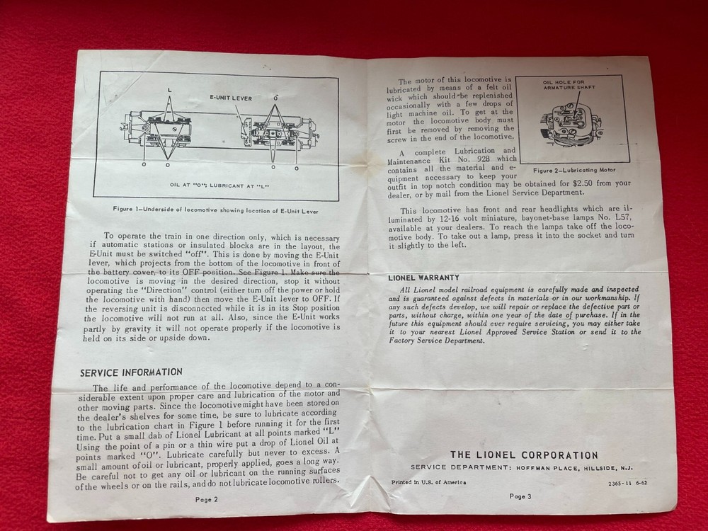 C7 LIONEL POSTWAR 2365 GP7 C&O OPERATING INSTRUCTIONS 1962