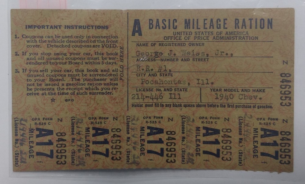 Illinois OPA Basic Mileage Ration Card for 1940 Chevrolet