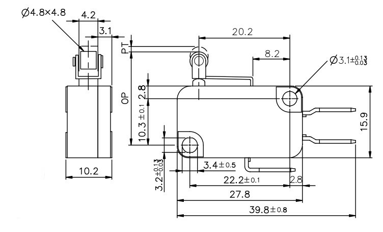 Micro Switch (Tend) TMV104-C; 10A Short Roller Type; (1C bottom terminal #250)