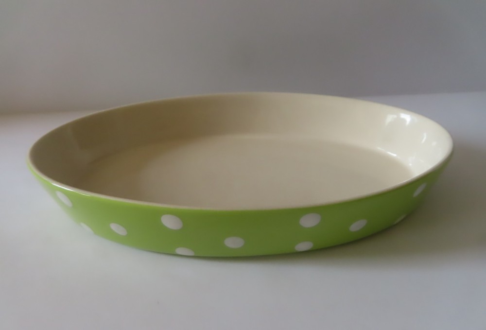 Spode "Baking Days" Green Oval Baker w White Polka Dots