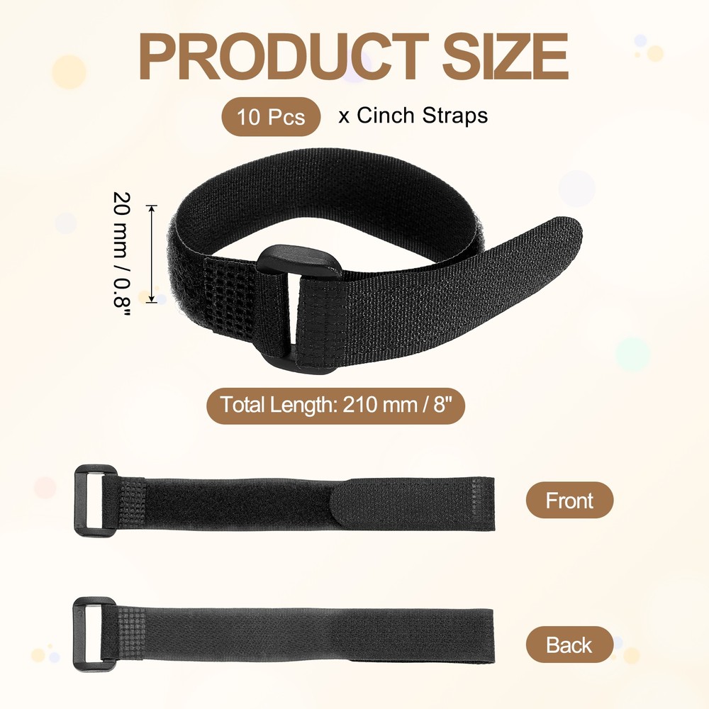 10pcs Reusable Cinch Straps 0.8"x8" Hook and Loop Cable Securing Straps, Black