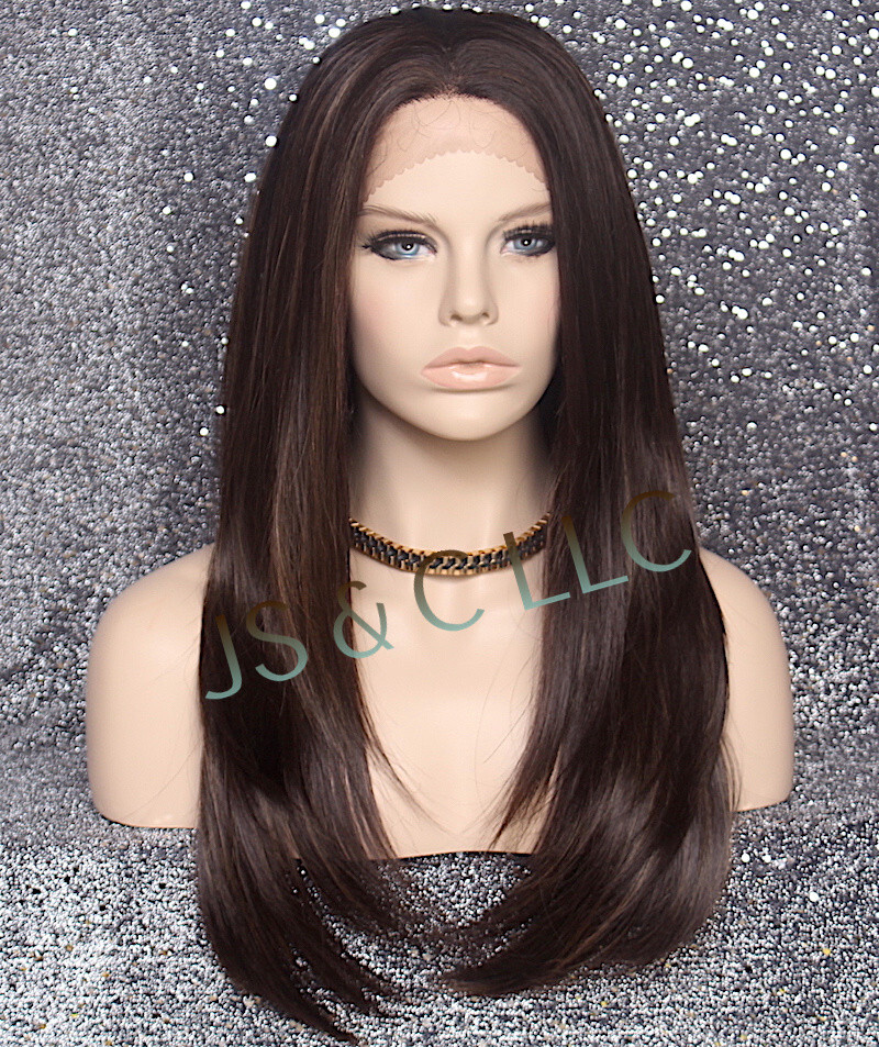 Long Straight Human Hair Blend Mono Top Full Lace Front Wig Brown mix 4-27 WBDL