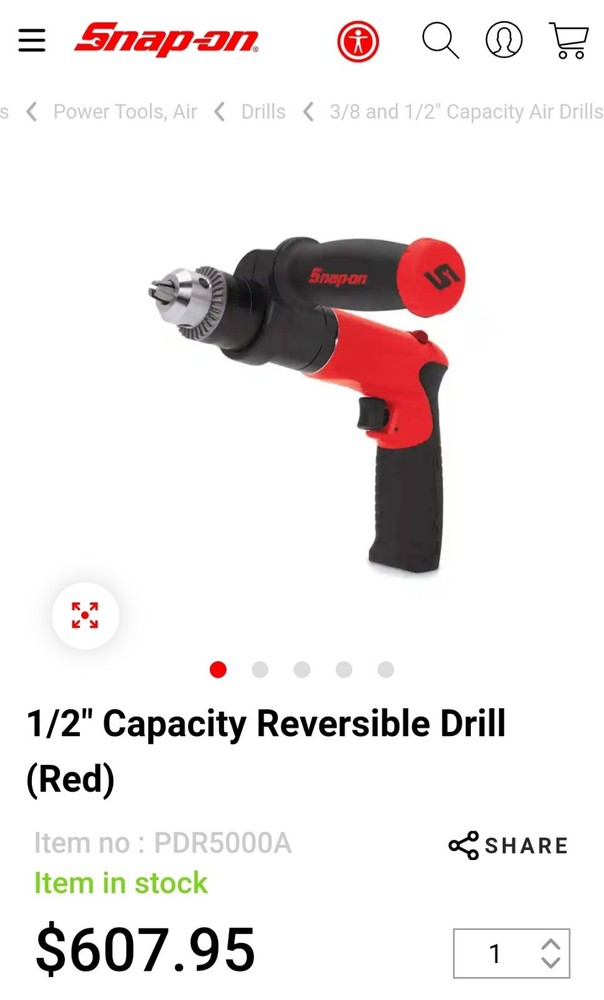 NEW snap on 1/2" Capacity Reversible Drill (Red) pdr5000a air drill
