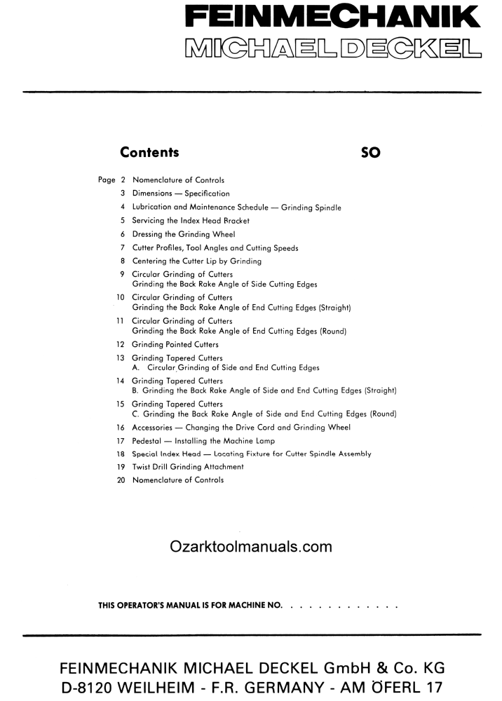 DECKEL SO Universal Tool Cutter D-Bit Grinder Operator's Manual 1421
