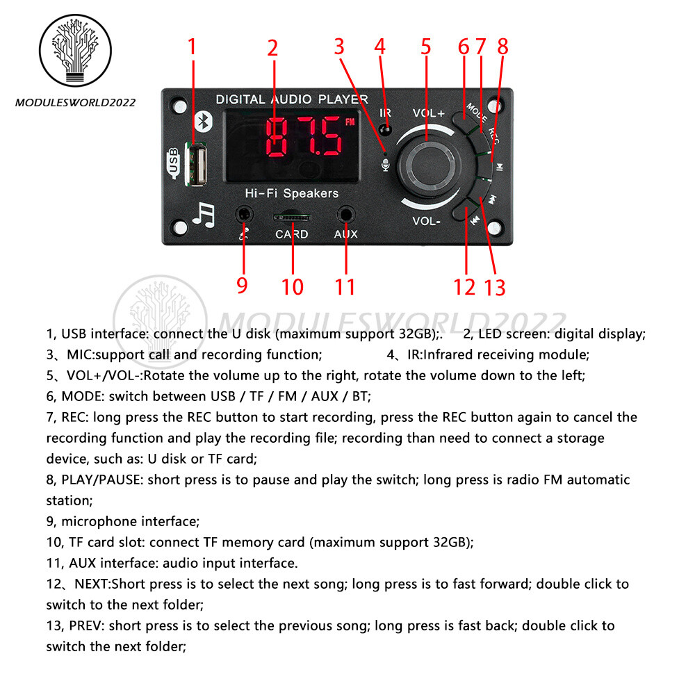 DC5-25V MP3 Decoder Board 2*50W Bluetooth Amplifier Car Audio Player FM Radio