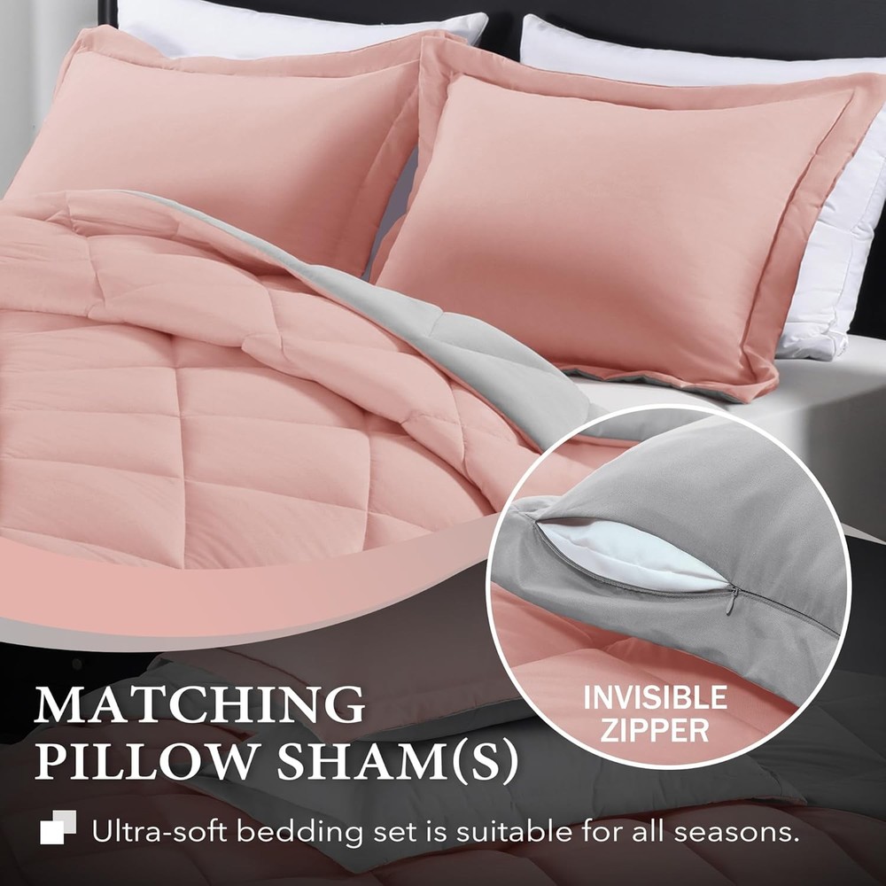 King Size Comforter Set - Pink and Grey King Comforter, Soft Bedding Sets for Al