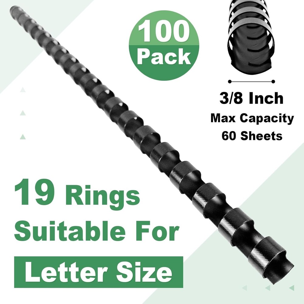 100 Pack 3/8 Inch Plastic Binding Comb 19 Ring, 60 Sheet Capacity, Black Comb...