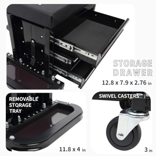 Mechanic Roller Seat with Tool Box - 3-Drawer Rolling Tool Chest Stool with