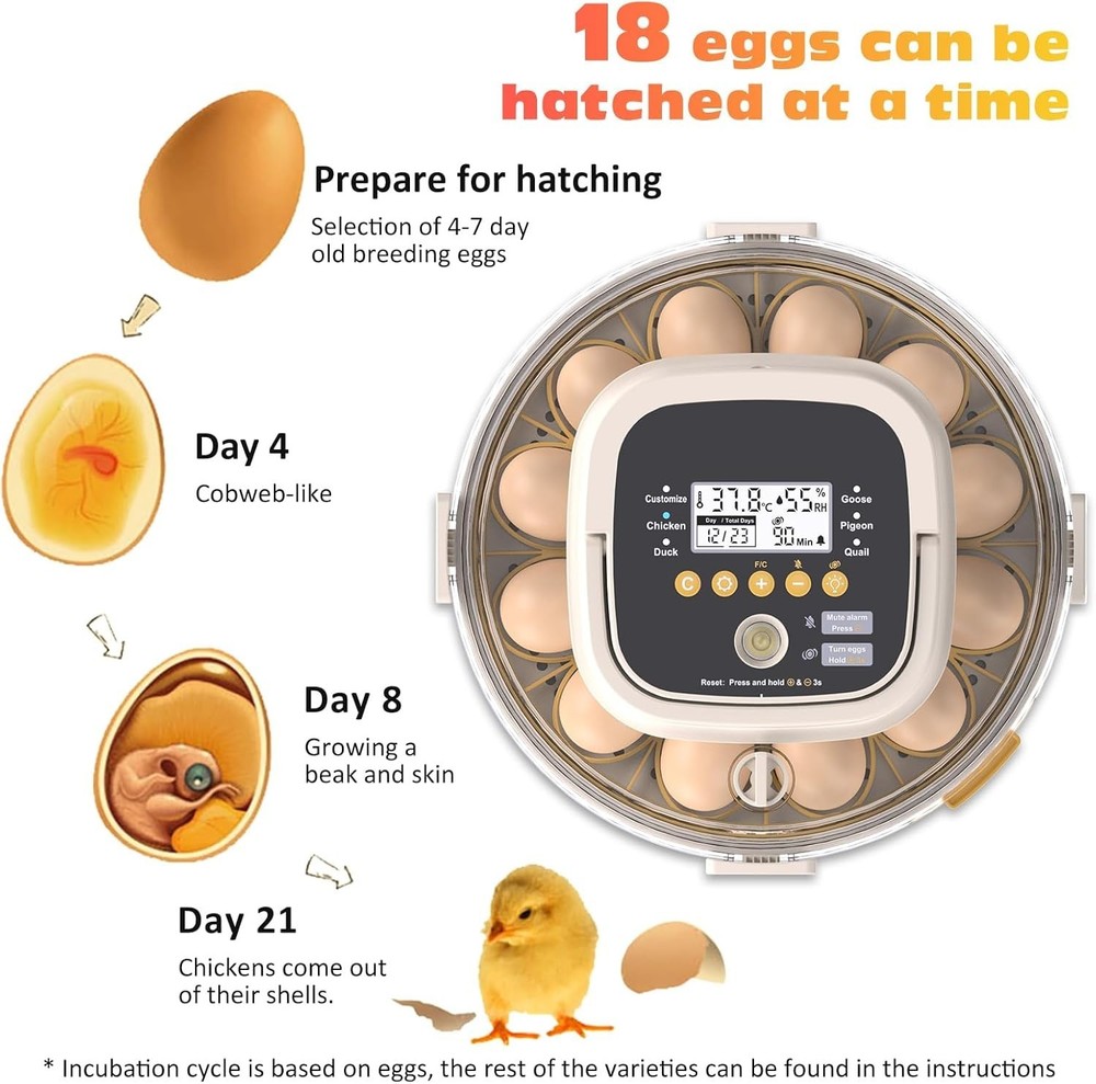 18 Egg Incubator Auto Turning Temp & Humidity Control Smart Hatcher