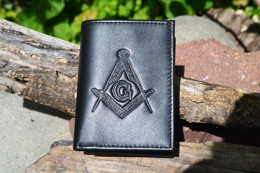 Masonic Black Leather Tri-Fold Wallet - RFID Protected - Square and Compasses