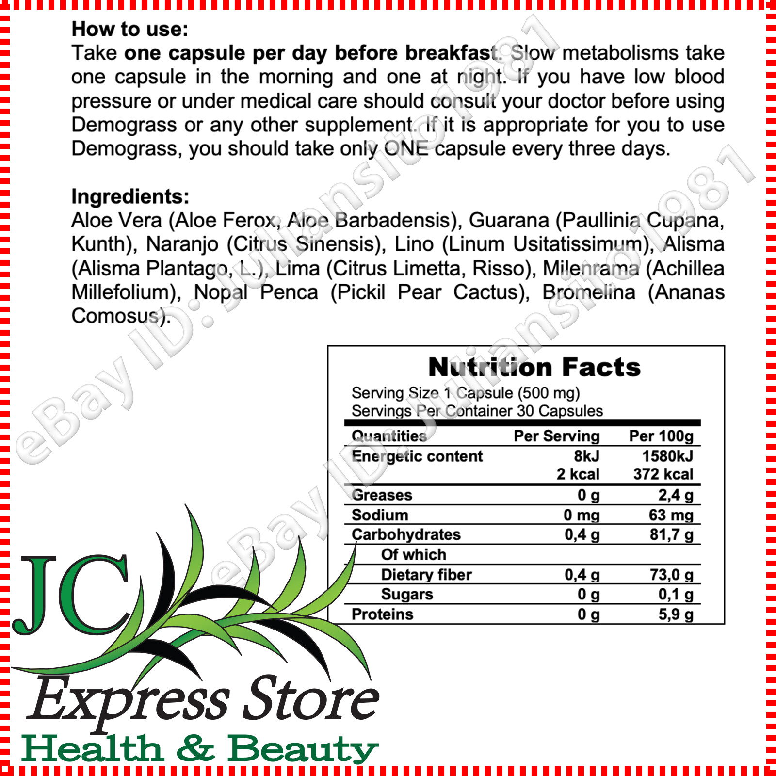 2 BOXES DEMOGRASS PLUS WEIGHT LOSS SUPPLEMENTS 60 CAPSULES TOTAL 100% ORIGINAL