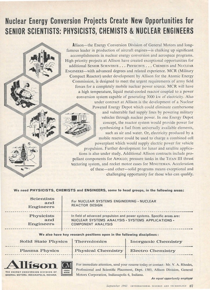 1963 Allison GM Print Ad ~ Recruiting for Nuclear Conversion Projects