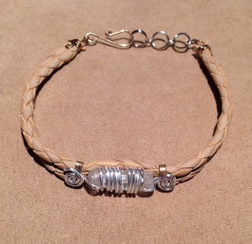 Leather "Beige" Braided Bracelets w/ Quartz Point.