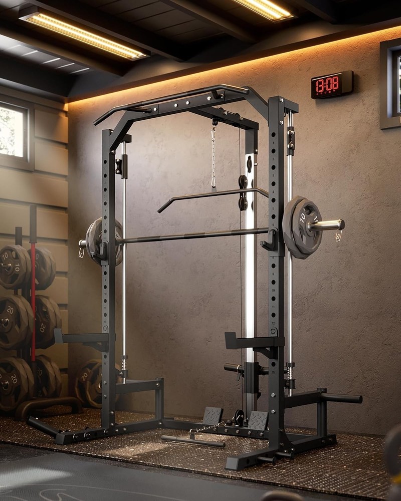 Multi-Functional Smith Machine Home Gym W Barbell Bar Cable System LAT Pulldown