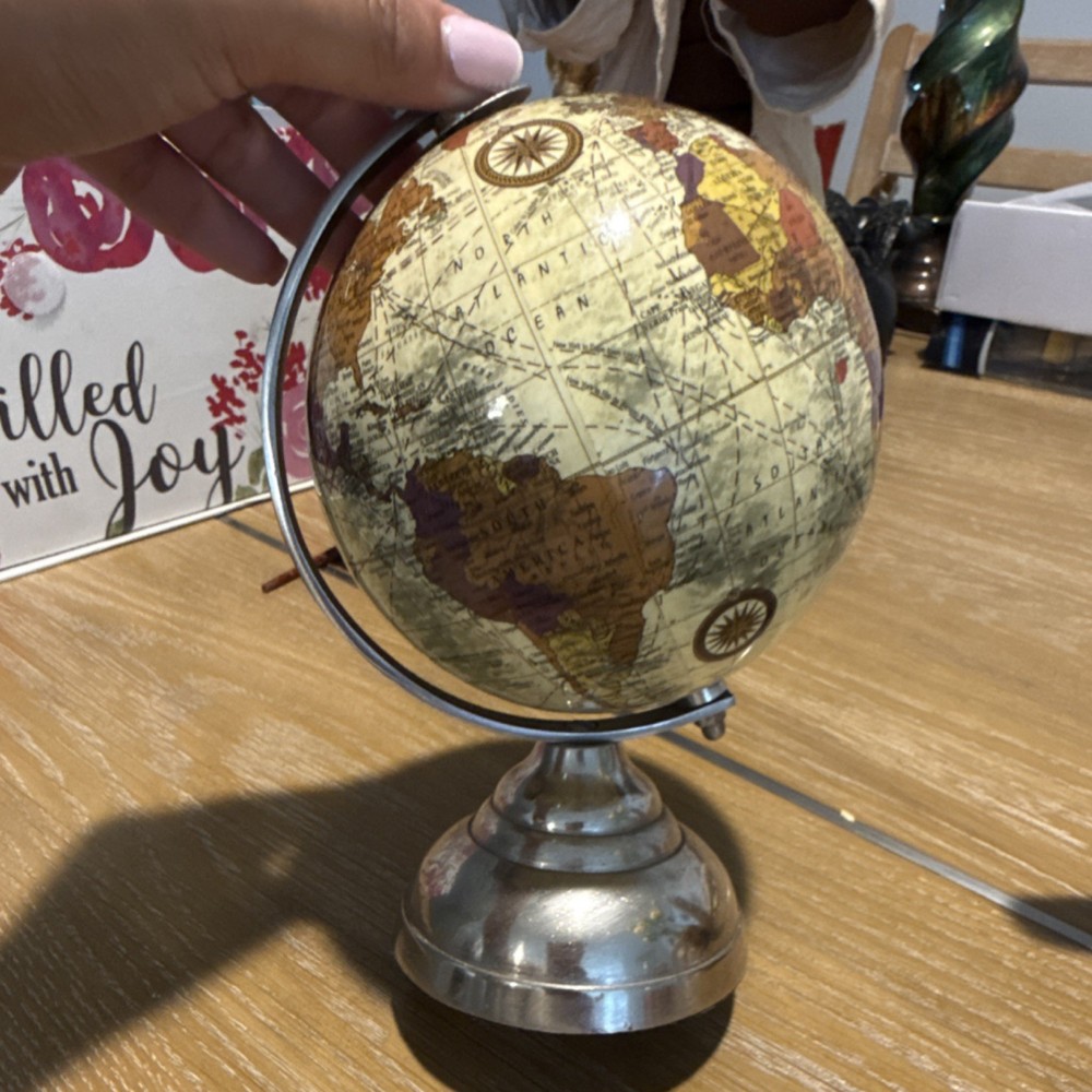 Antique Style Rotating Tabletop Globe Medium Multicolor with Metallic Metal Base