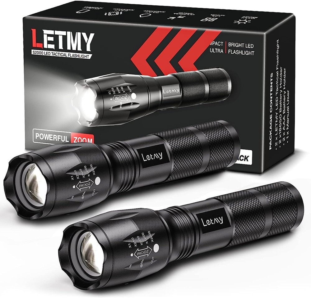 2 LED Flashlights Tactical Super Bright Zoomable Waterproof 5 Modes Torch Work