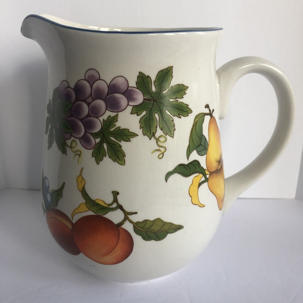 Tabletops Unlimited Essence Pitcher 76 Oz Stoneware Fruit Design White Multi 8"