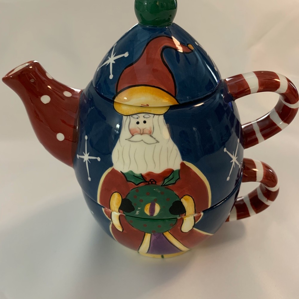Christmas Santa Ceramic Teapot By Ganz Stackable 3 piece