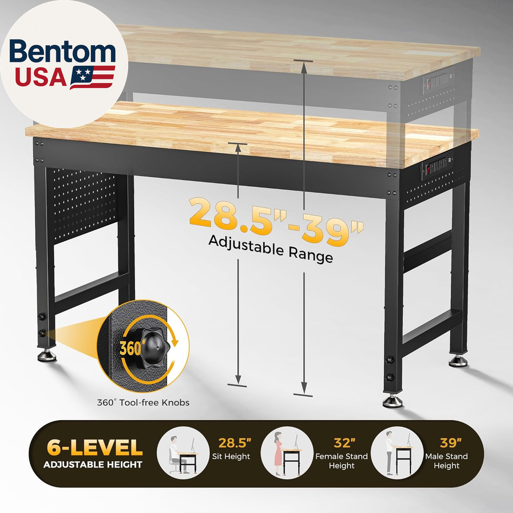 48" Adjustable Heavy Duty Workbench, 2000 LBS Load Capacity Rubber Wood Work Tab