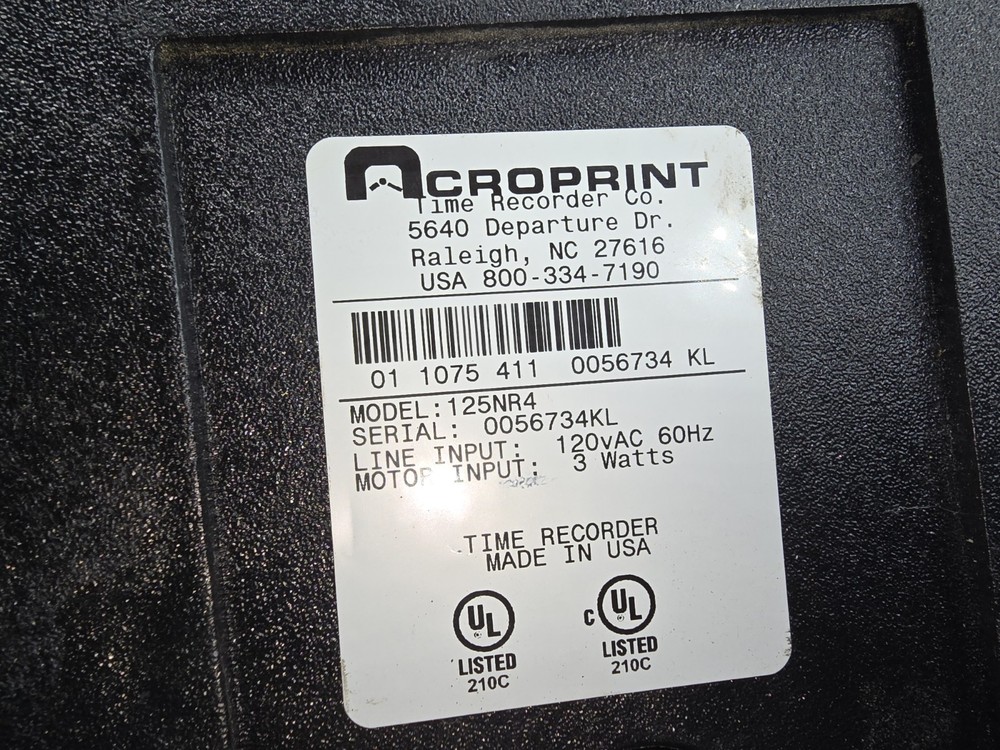 Acroprint Time Recorder Clock Machine 125NR4 Not Tested No Key