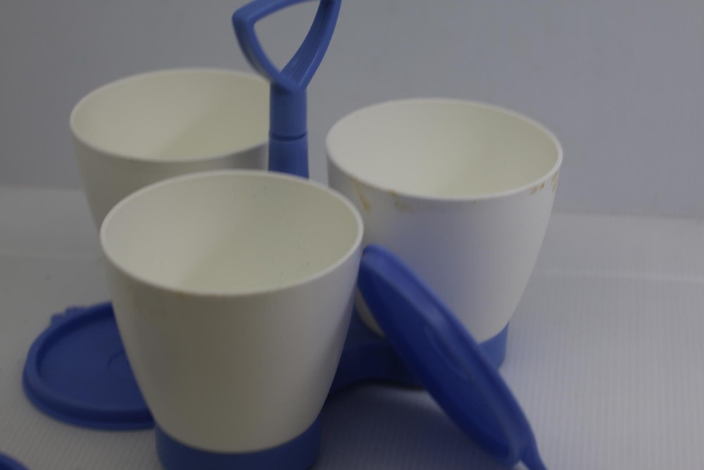Tupperware Essentials Blue & White Serving Caddy with Condiment sauce Bowls Set